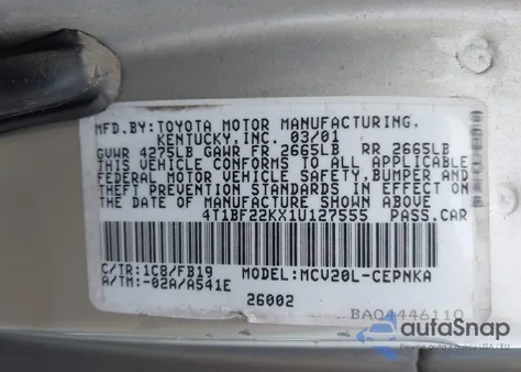 2001 Toyota Camry from USA, damaged, VIN 1T1BF22KX1U127555